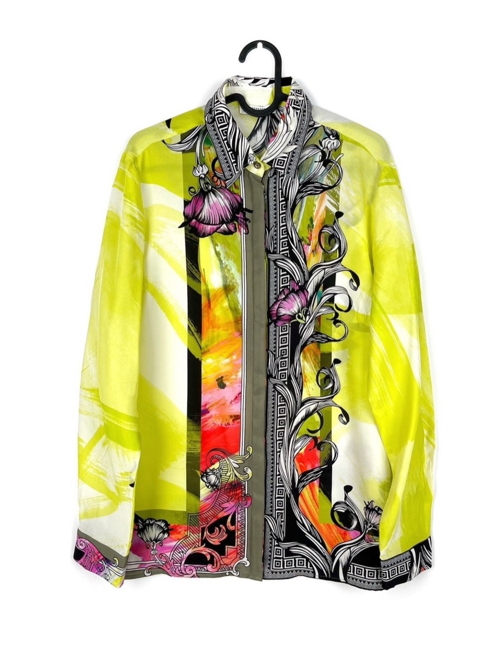 Versace Collection Neon Yellow Multicolor Floral Print Long Sleeve Dress